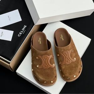 Celine Tan Brown Suede Logo Studded Clogs